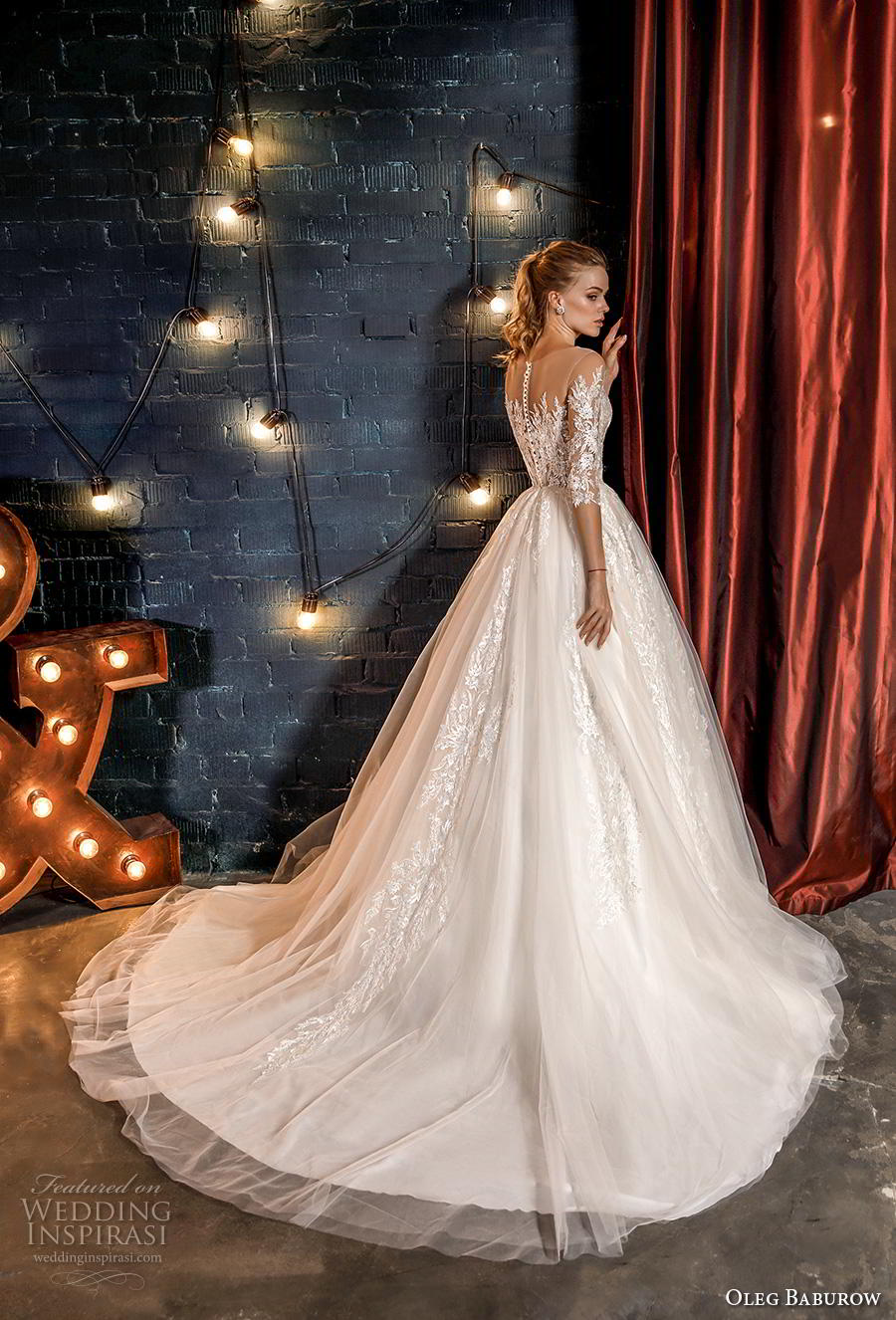 oleg baburow 2020 star girl bridal three quarter sleeves sweetheart neckline heavily embellished bodice romantic a  line wedding dress sheer button back chapel train (10) bv