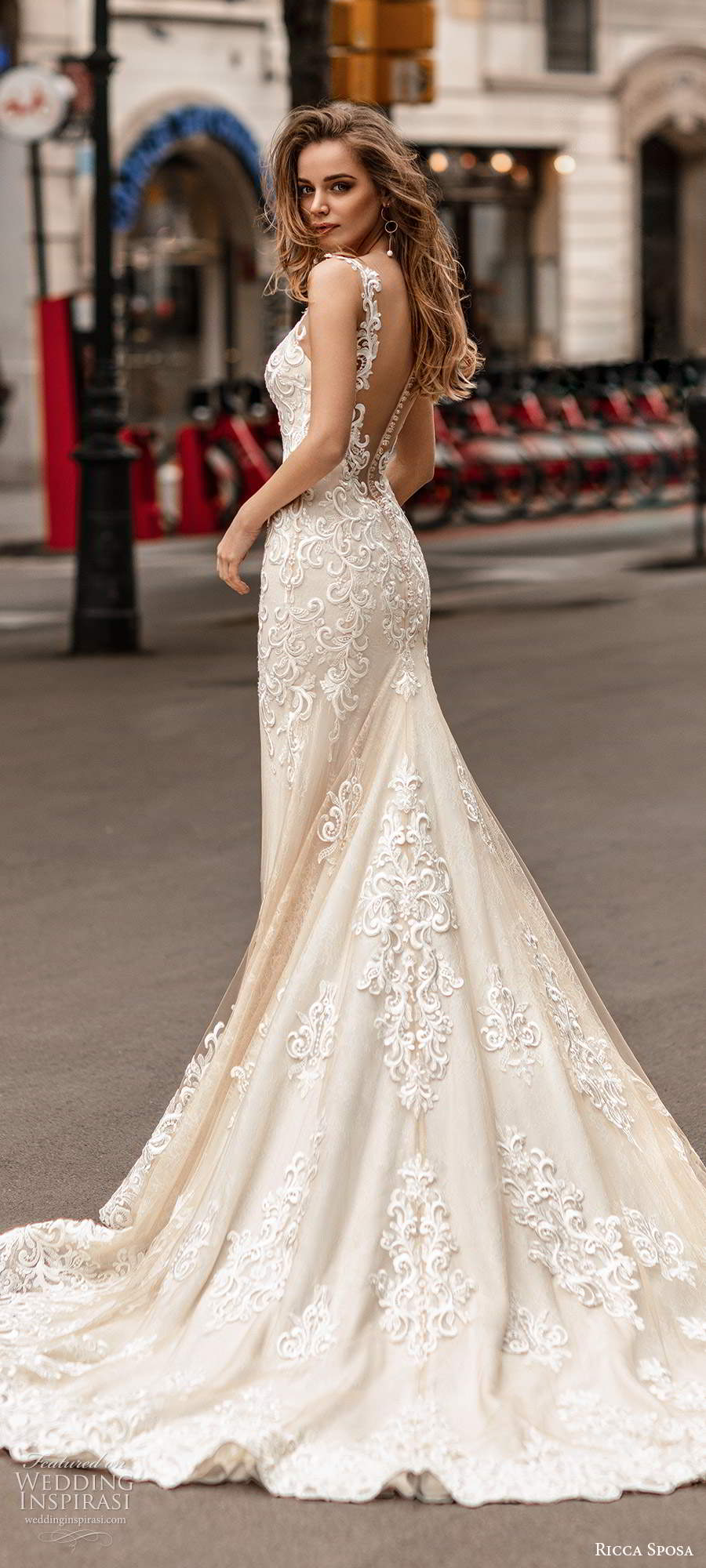 ricca sposa 2020 barcelona bridal illusion cap sleeves plunging v neckline fully embellished lace fit flare mermaid sheath wedding dress illusion low back chapel train (3) bv