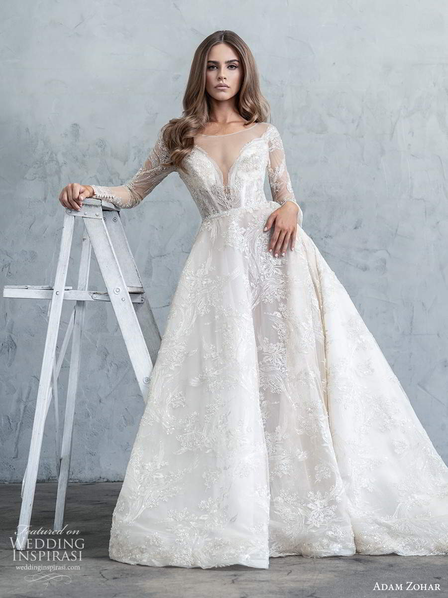 adam zohar fall 2020 bridal illusion long sleeves sheer bateau sweetheart neckline fully embellished lace a line ball gown wedding dress chapel train (2) mv