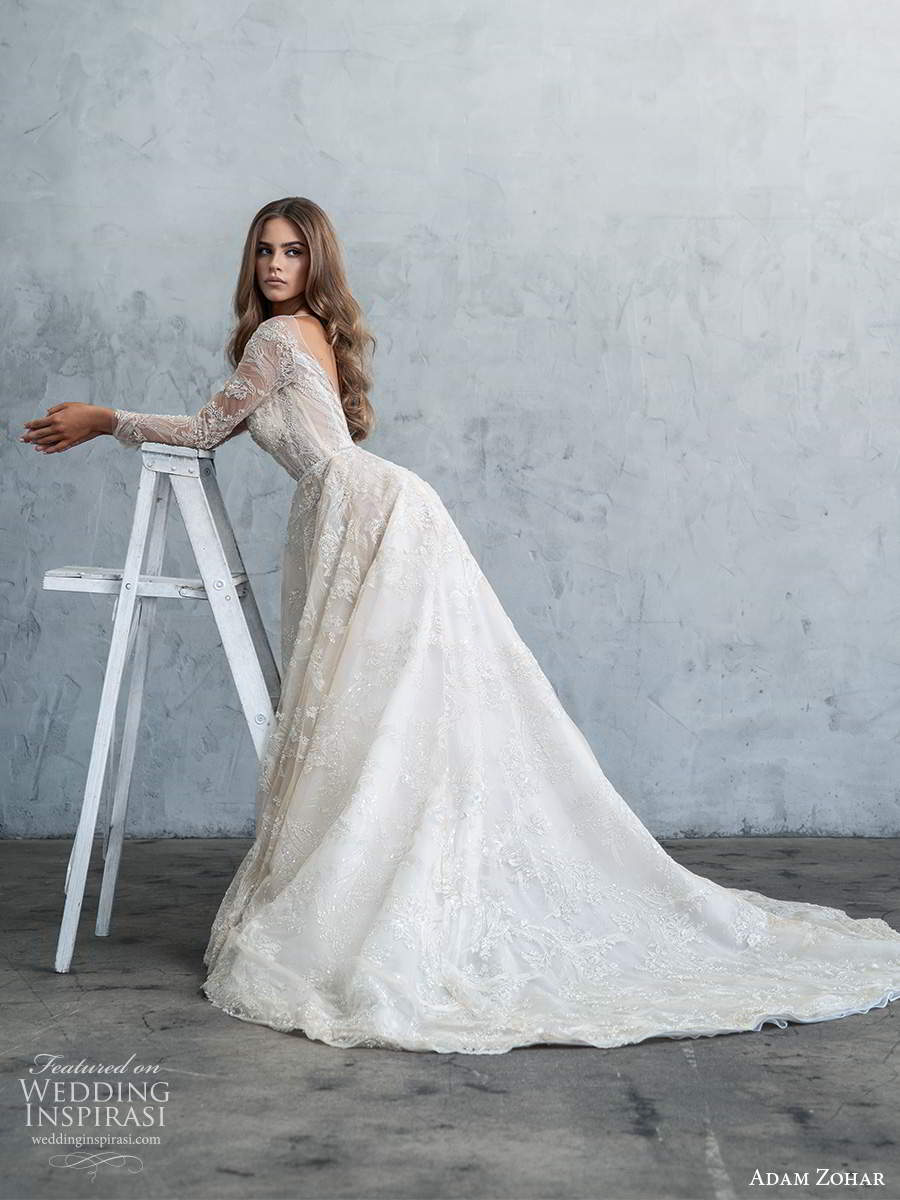 adam zohar fall 2020 bridal illusion long sleeves sheer bateau sweetheart neckline fully embellished lace a line ball gown wedding dress chapel train (2) sv