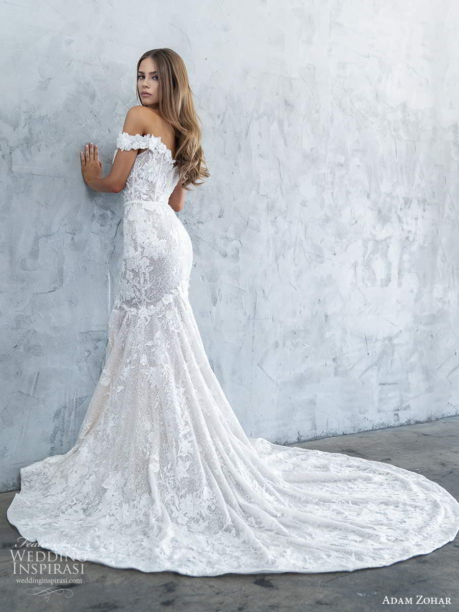 adam zohar fall 2020 bridal off shoulder straps sweetheart neckline fully embellished fit flare mermaid lace wedding dress cathedral train (1) bv