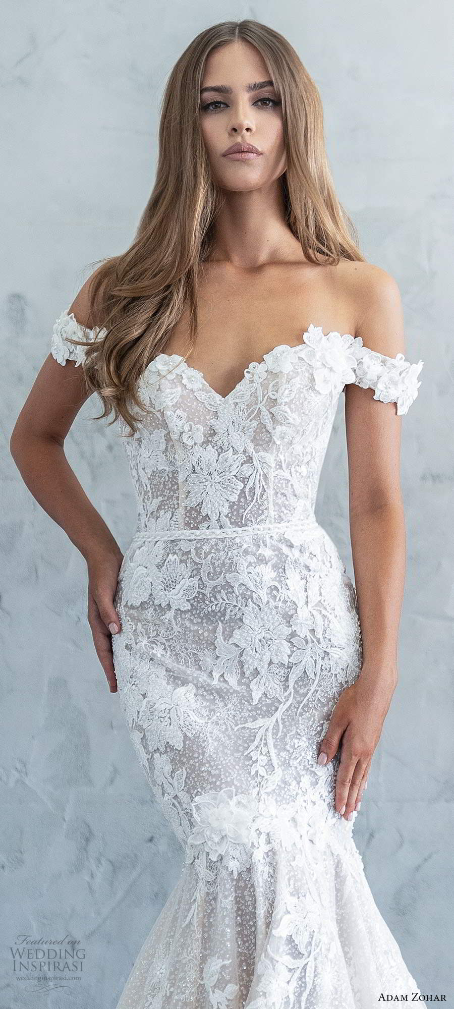 adam zohar fall 2020 bridal off shoulder straps sweetheart neckline fully embellished fit flare mermaid lace wedding dress cathedral train (1) lv