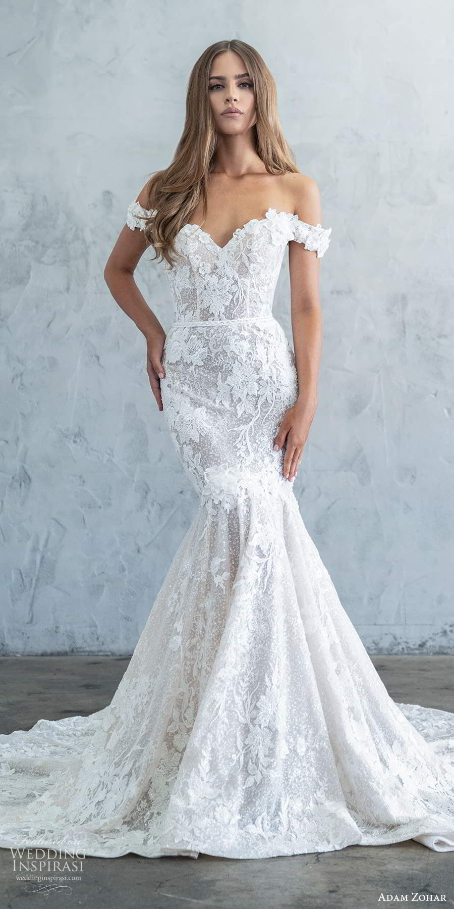adam zohar fall 2020 bridal off shoulder straps sweetheart neckline fully embellished fit flare mermaid lace wedding dress cathedral train (1) mv