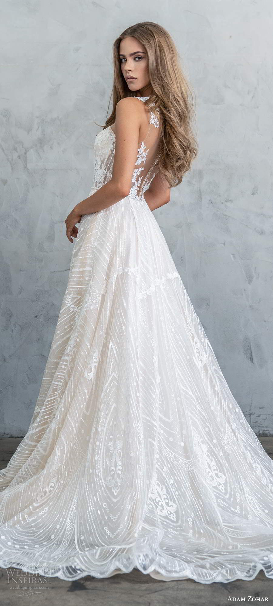 adam zohar fall 2020 bridal sleeveless illusion jewel neck plunging sweetheart neckline fully embellished lace a line ball gown wedding dress sheer back chapel train (5) bv