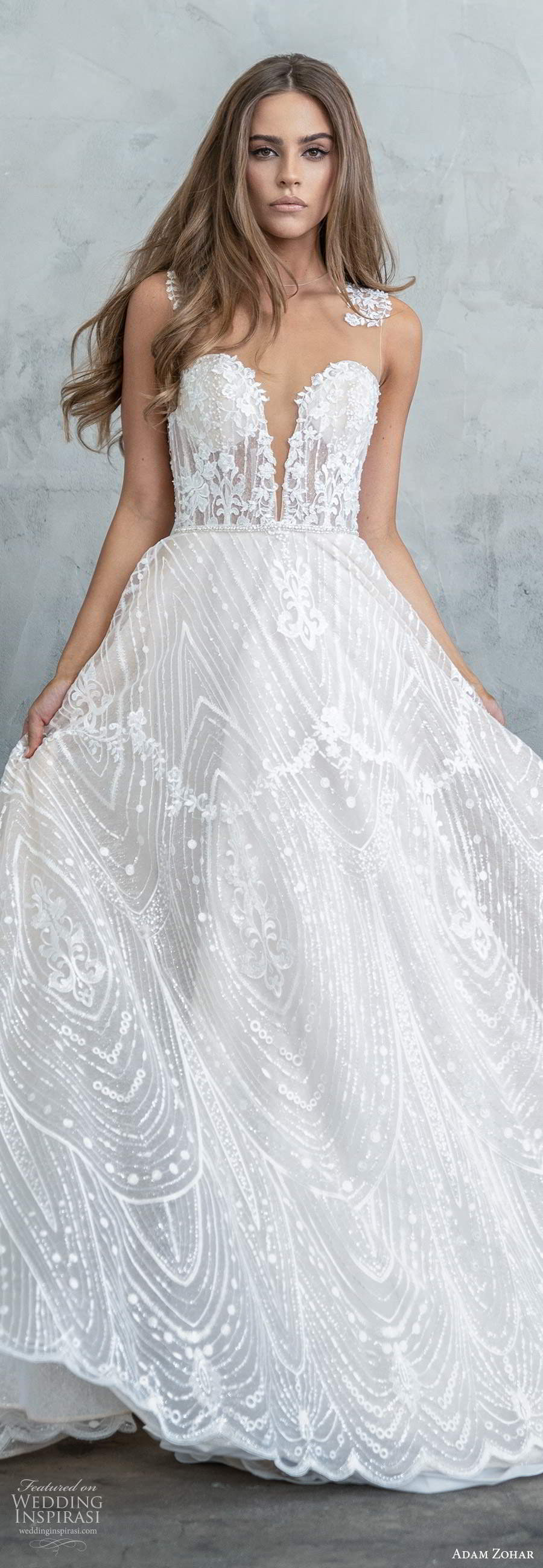 adam zohar fall 2020 bridal sleeveless illusion jewel neck plunging sweetheart neckline fully embellished lace a line ball gown wedding dress sheer back chapel train (5) lv