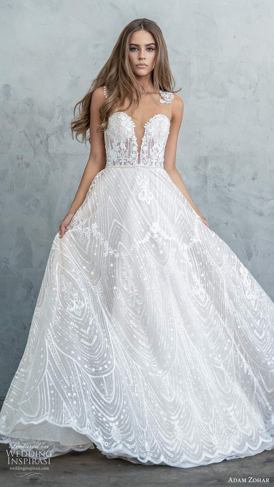 adam zohar fall 2020 bridal sleeveless illusion jewel neck plunging sweetheart neckline fully embellished lace a line ball gown wedding dress sheer back chapel train (5) mv