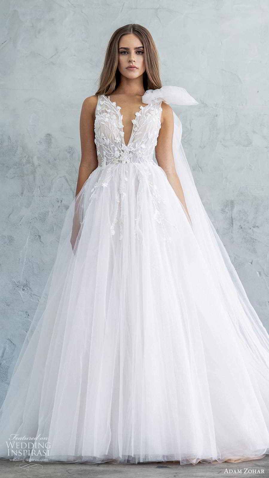 adam zohar fall 2020 bridal sleeveless plunging v neckline embellished bodice a line ball gown wedidng dress chapel train (10) mv