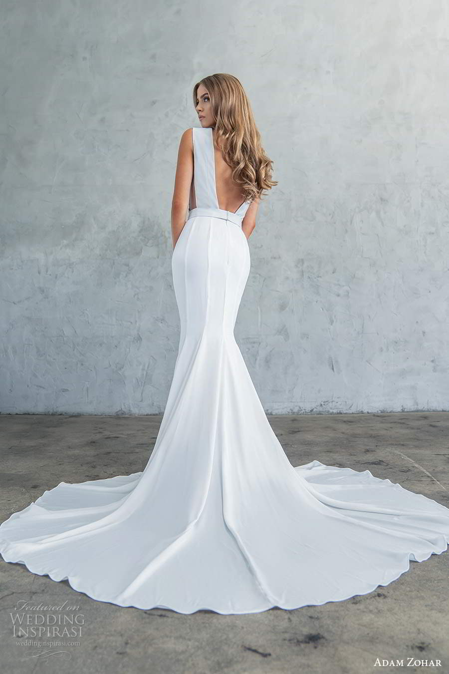 adam zohar fall 2020 bridal sleeveless plunging v neckline minimaly embellished fit flare sheath mermaid wedding dress low back cathedral train (7) bv