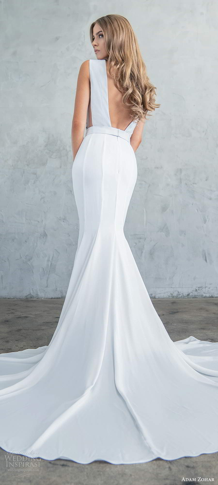 adam zohar fall 2020 bridal sleeveless plunging v neckline minimaly embellished fit flare sheath mermaid wedding dress low back cathedral train (7) lbv