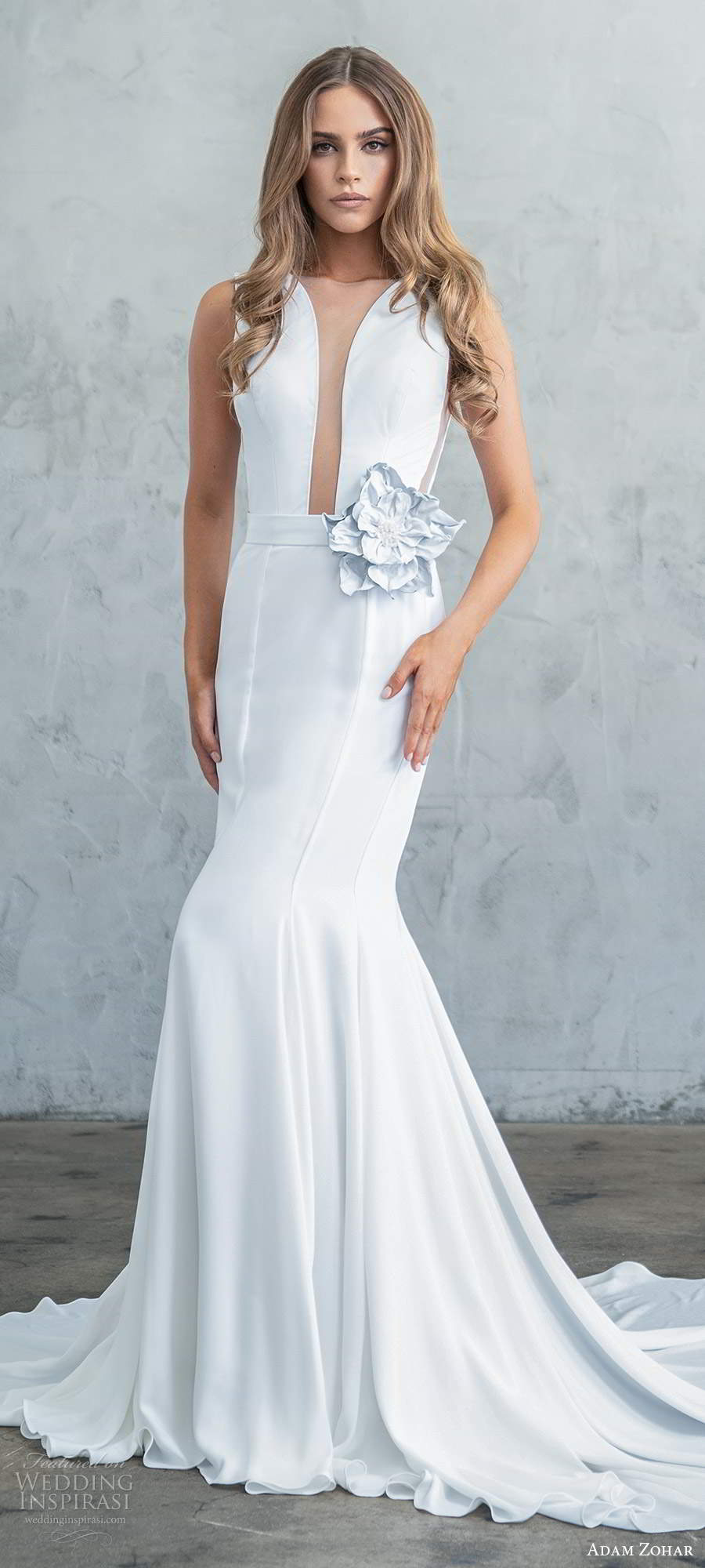 adam zohar fall 2020 bridal sleeveless plunging v neckline minimaly embellished fit flare sheath mermaid wedding dress low back cathedral train (7) mv