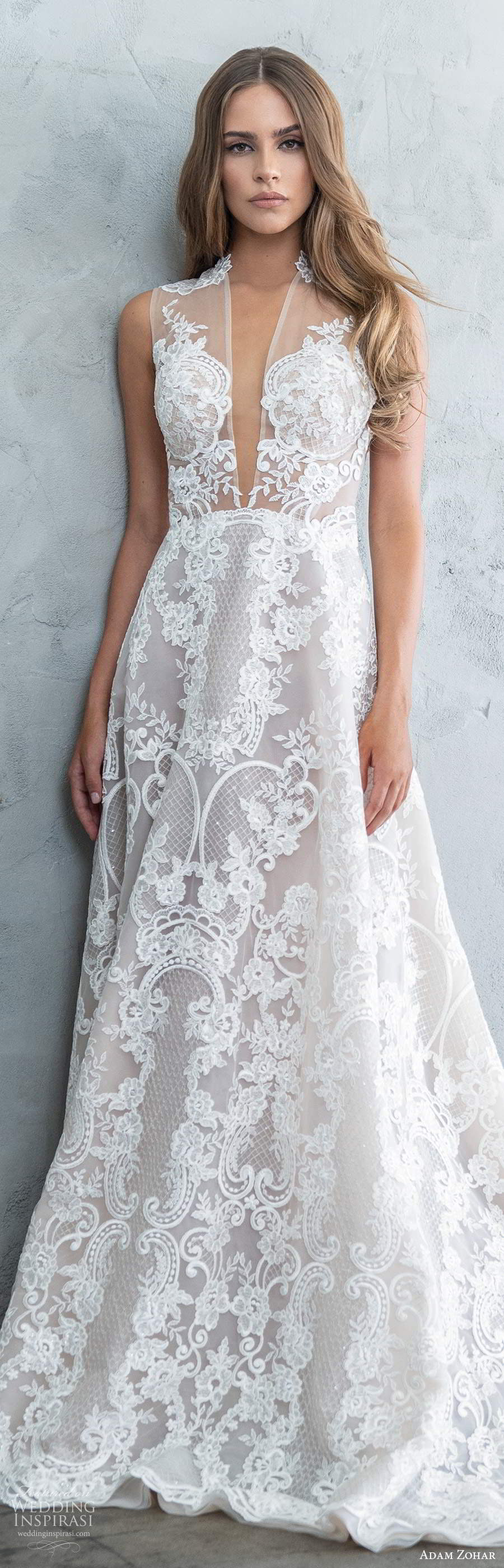 adam zohar fall 2020 bridal sleeveless sheer plunging v neckline fully embellished lace a line wedding dress cathedral train (4) lv