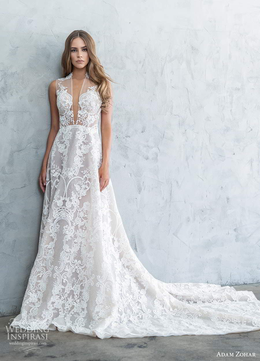 adam zohar fall 2020 bridal sleeveless sheer plunging v neckline fully embellished lace a line wedding dress cathedral train (4) mv