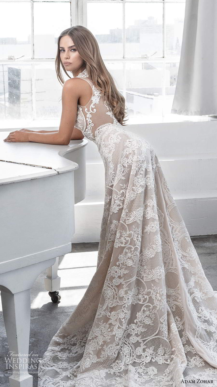 adam zohar fall 2020 bridal sleeveless sheer plunging v neckline fully embellished lace a line wedding dress cathedral train (4) sv