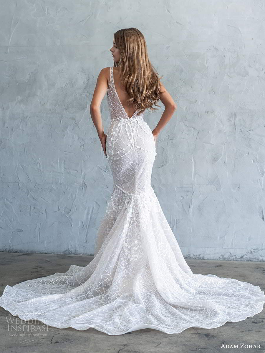 adam zohar fall 2020 bridal sleeveless straps plunging v neckline fully embellished mermaid wedding dress chapel train (9) bv