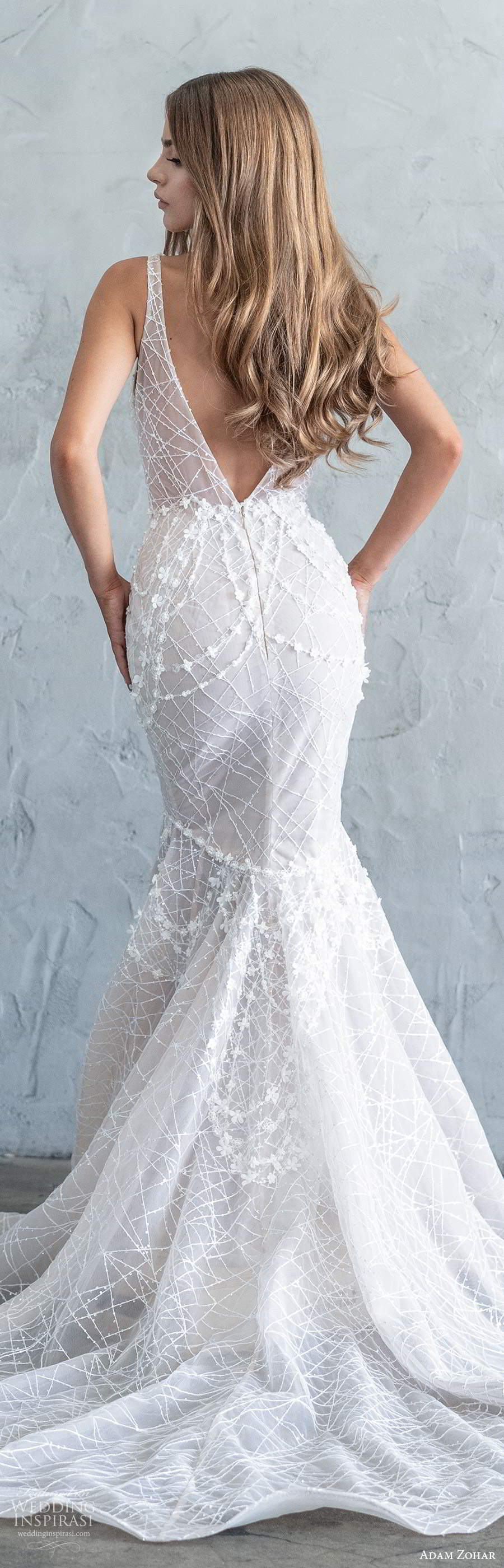 adam zohar fall 2020 bridal sleeveless straps plunging v neckline fully embellished mermaid wedding dress chapel train (9) lbv
