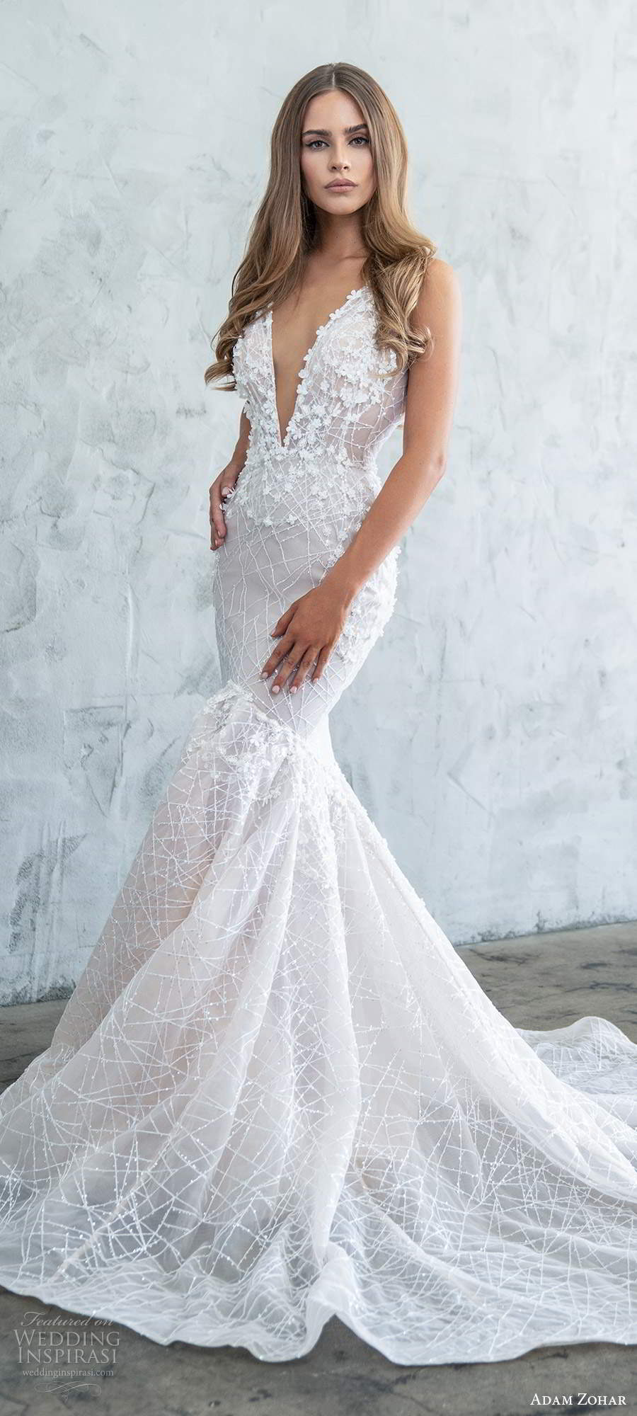 adam zohar fall 2020 bridal sleeveless straps plunging v neckline fully embellished mermaid wedding dress chapel train (9) mv