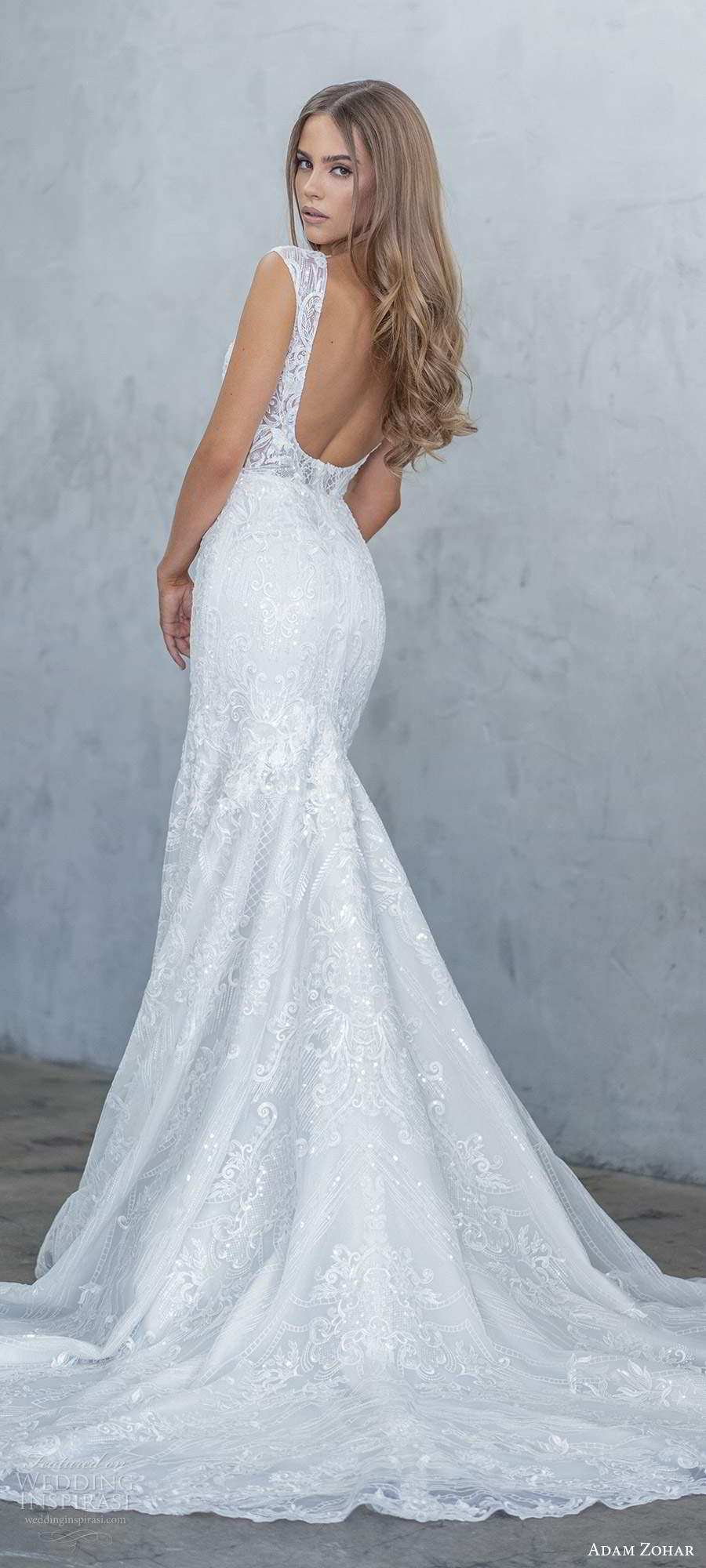 adam zohar fall 2020 bridal sleeveless straps plunging v neckline sheer bodice fully embellished lace fit flare mermaid wedding dress low back cathedral train (8) bv
