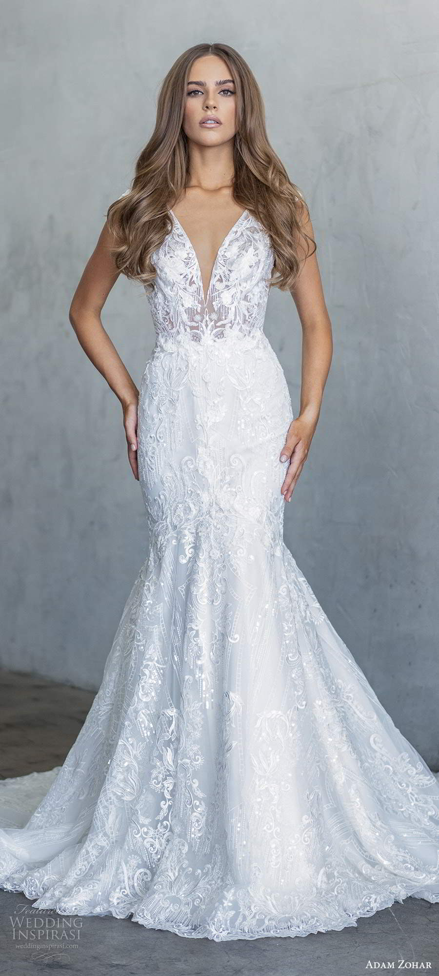 adam zohar fall 2020 bridal sleeveless straps plunging v neckline sheer bodice fully embellished lace fit flare mermaid wedding dress low back cathedral train (8) mv