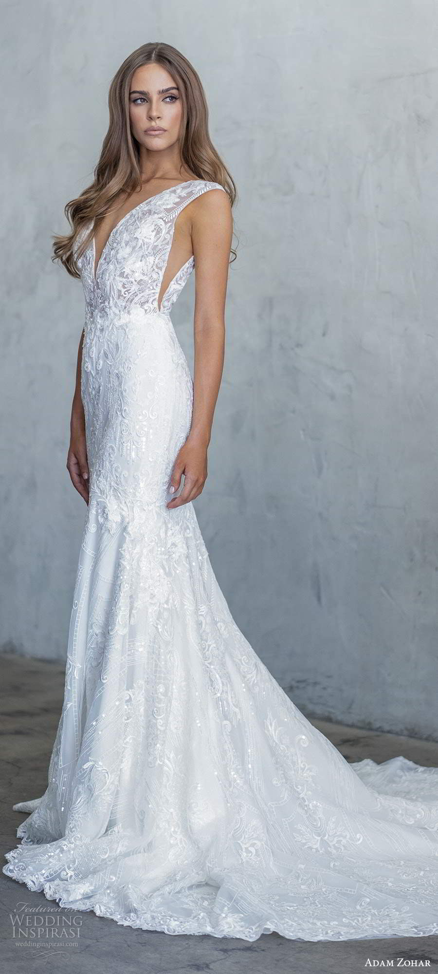 adam zohar fall 2020 bridal sleeveless straps plunging v neckline sheer bodice fully embellished lace fit flare mermaid wedding dress low back cathedral train (8) sv