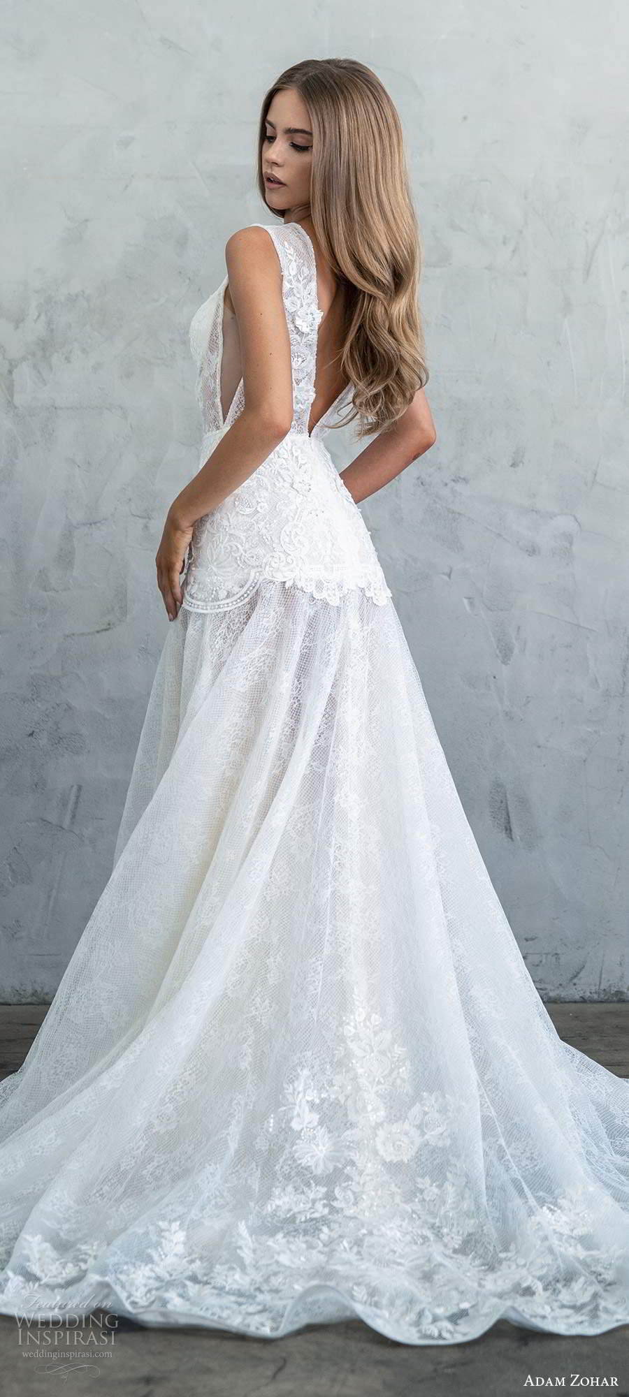 adam zohar fall 2020 bridal sleeveless thick straps sheer plunging v neckline fully embellished lace dropwaist a line wedding dress v back chapel trian (12) bv