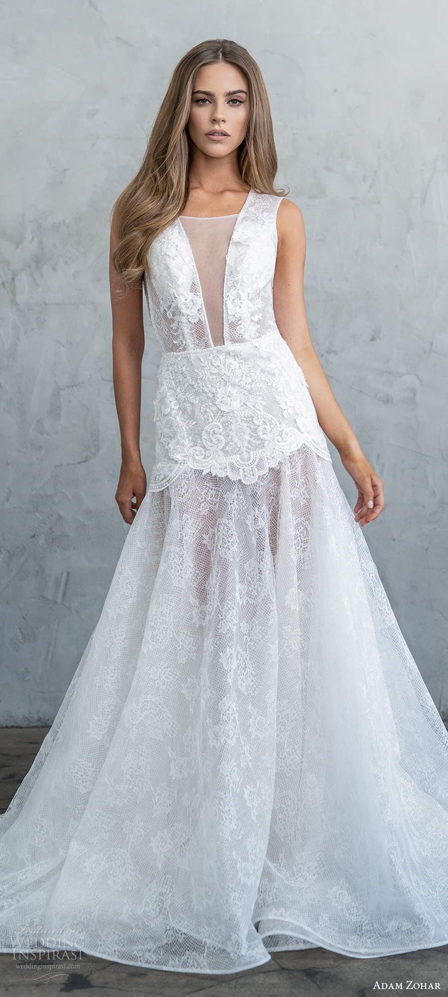 adam zohar fall 2020 bridal sleeveless thick straps sheer plunging v neckline fully embellished lace dropwaist a line wedding dress v back chapel trian (12) mv
