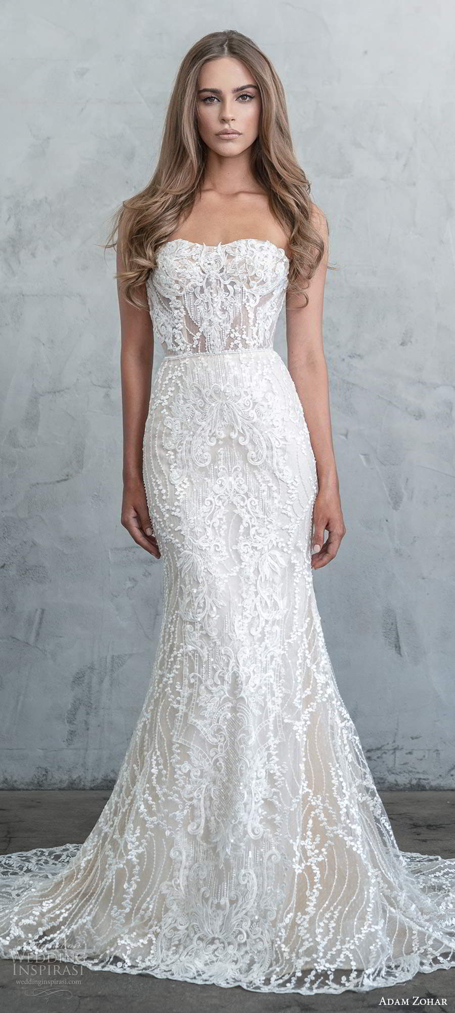 adam zohar fall 2020 bridal strapless semi sweetheart sheer bodice fully embellished lace fit flare mermaid sheath wedding dress chapel train (6) mv