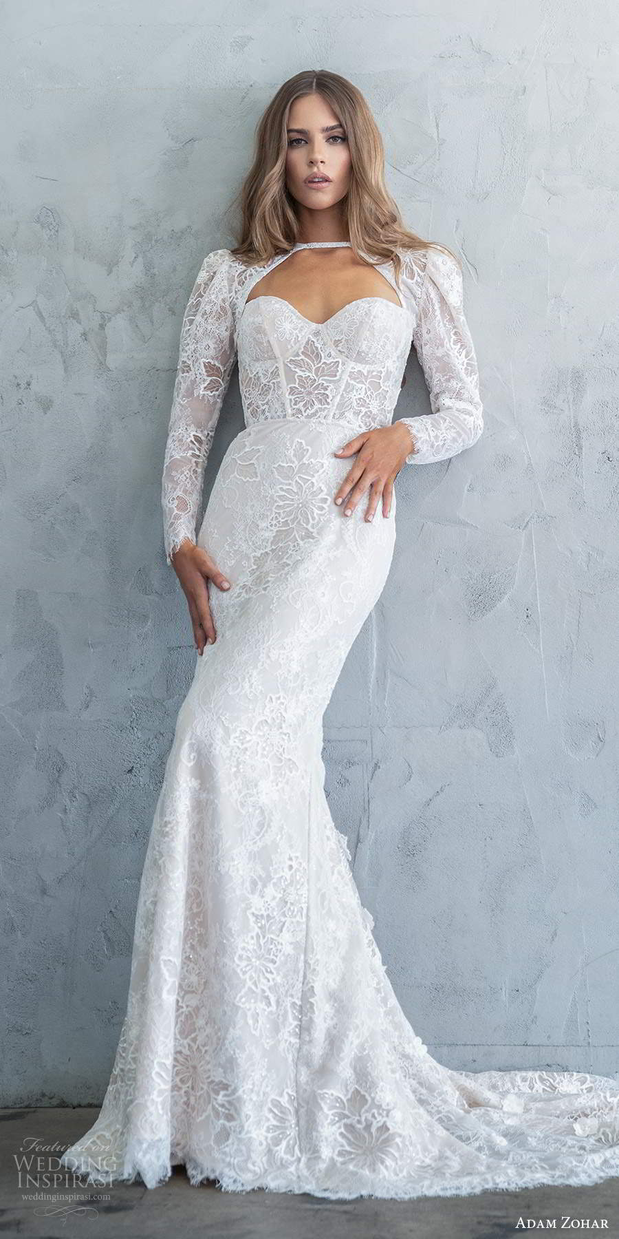 adam zohar fall 2020 bridal strapless sweetheart corset bodice fully embellished sheath lace wedding dress long sleeve jacket chapel train (3) mv