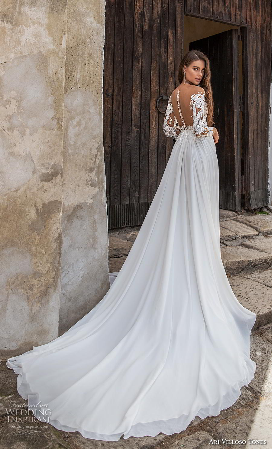 ari villoso tones 2020 bridal long sleeves illusion off shoulder straight across neckline glamorous soft a  line wedding dress sheer button chapel train (10) bv