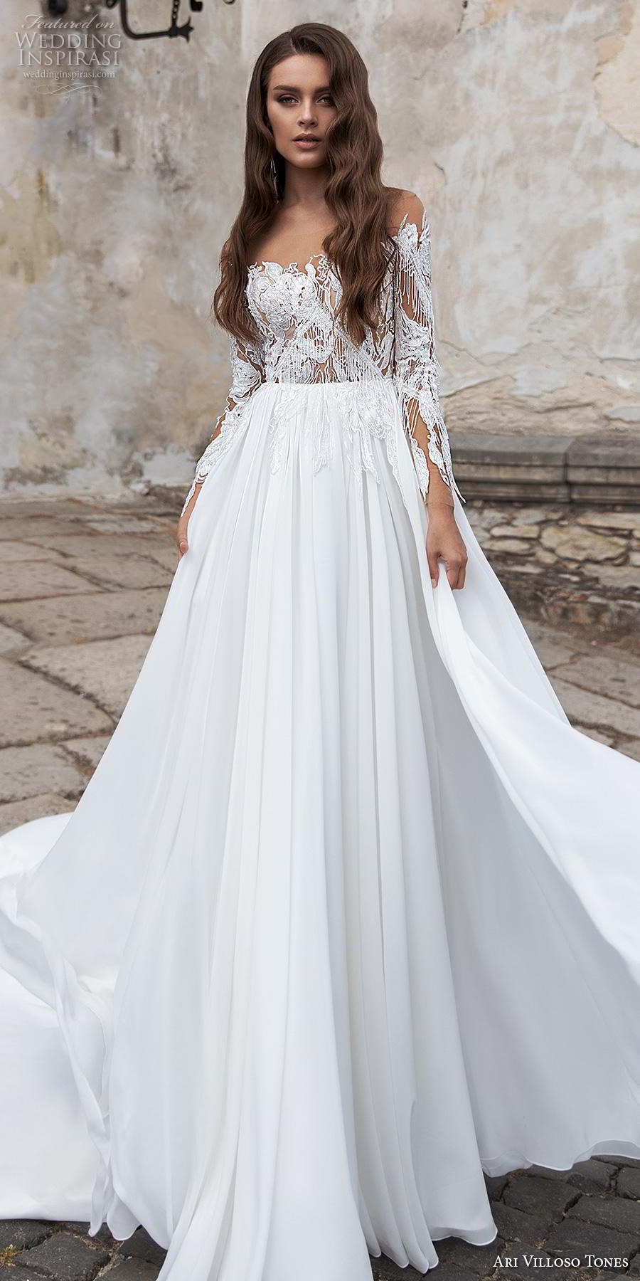 ari villoso tones 2020 bridal long sleeves illusion off shoulder straight across neckline glamorous soft a  line wedding dress sheer button chapel train (10) lv