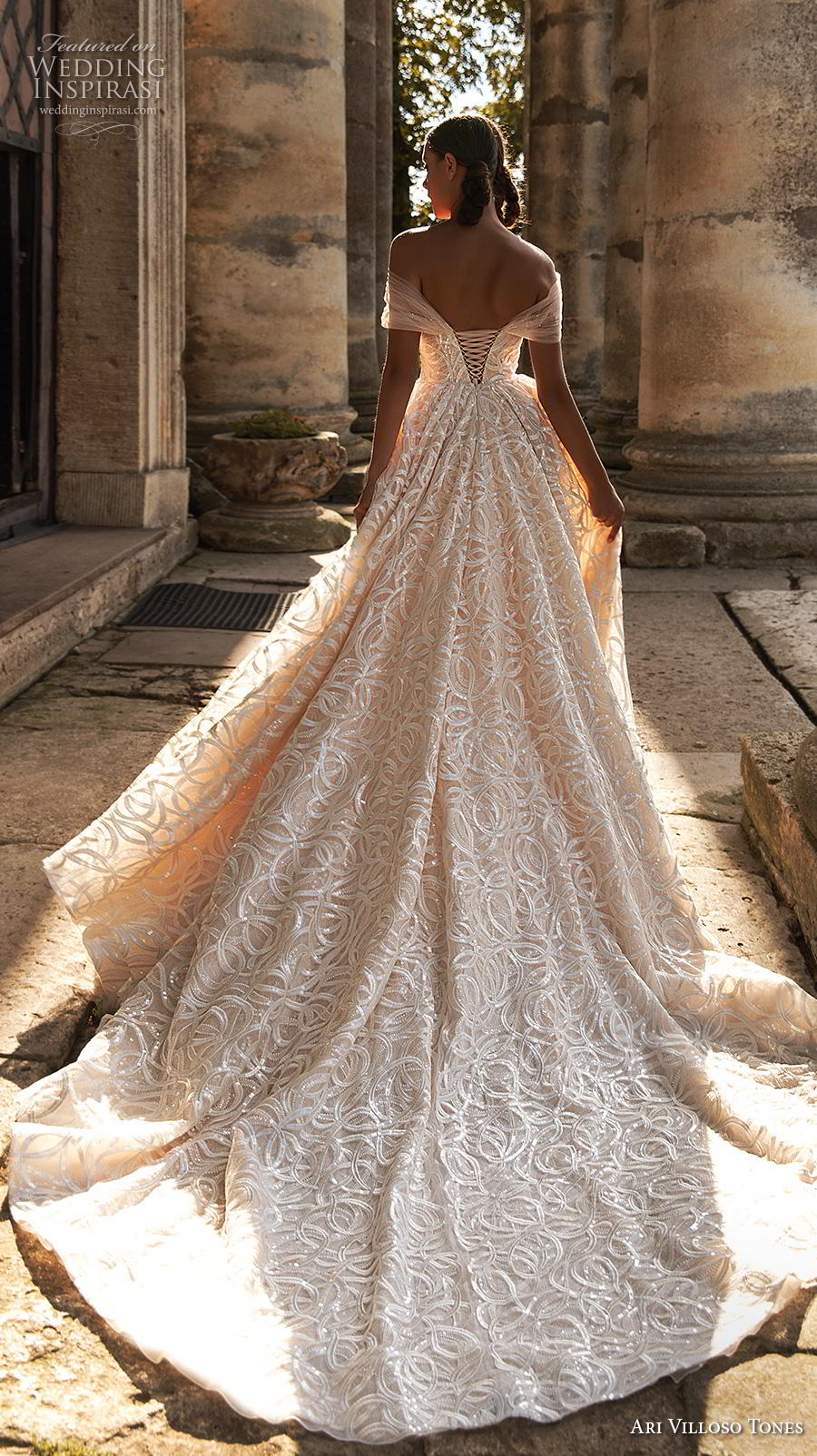 ari villoso tones 2020 bridal off the shoulder straight across neckline full embellishment princess ivory a  line wedding dress corset back royal train (1) bv