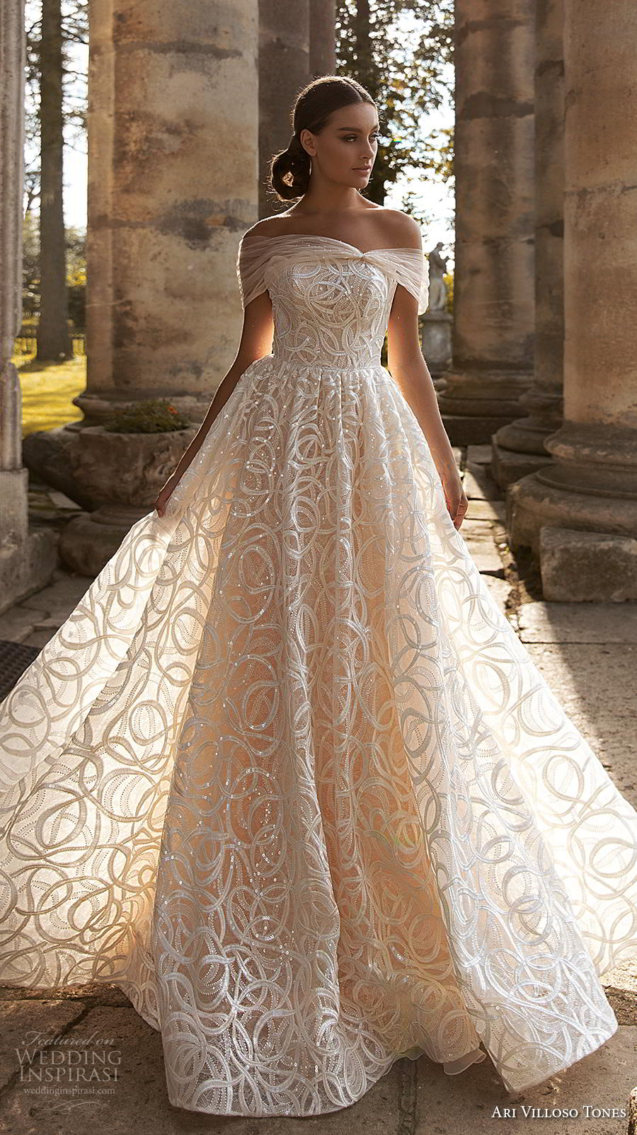 ari villoso tones 2020 bridal off the shoulder straight across neckline full embellishment princess ivory a  line wedding dress corset back royal train (1) mv