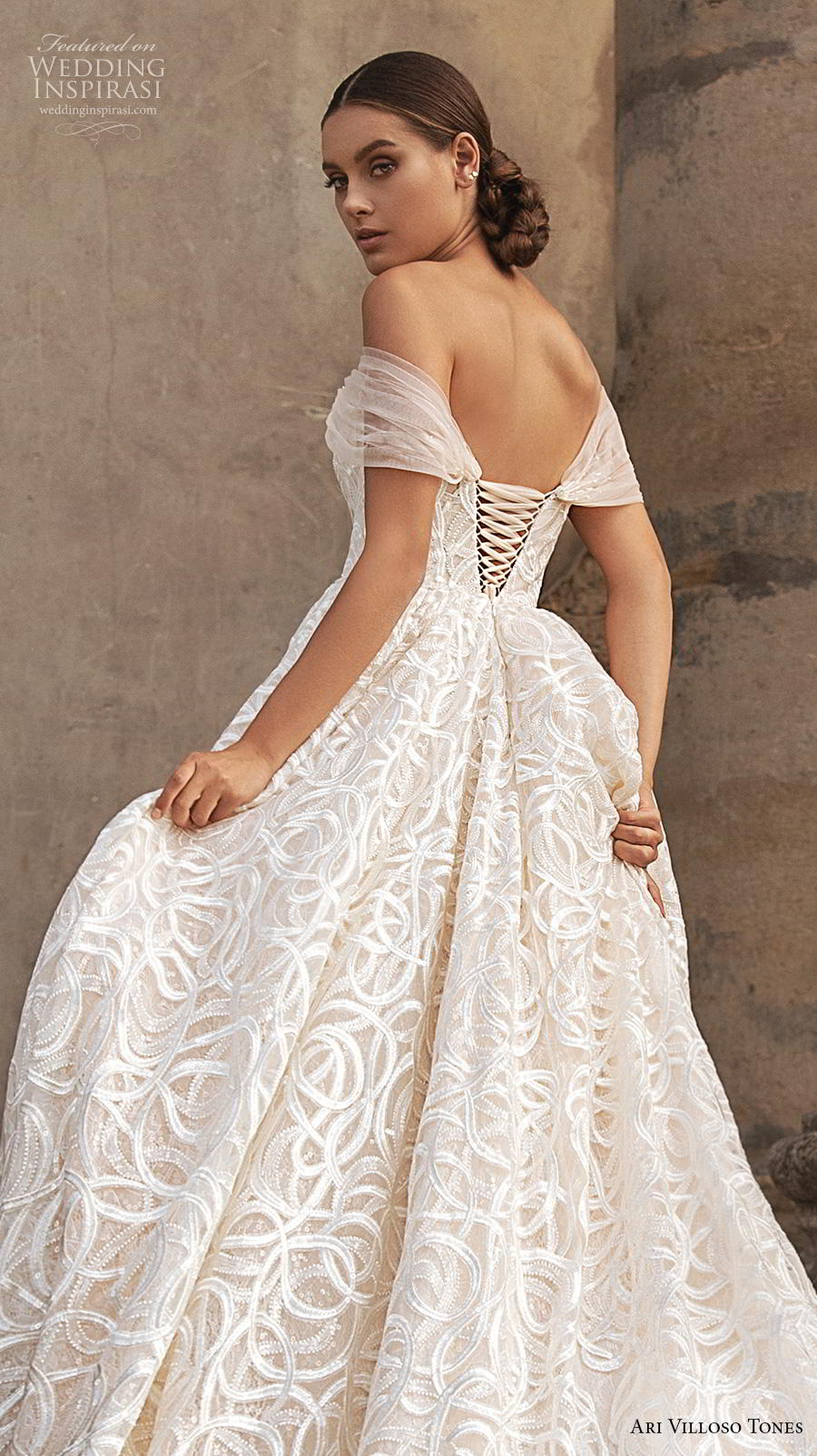 ari villoso tones 2020 bridal off the shoulder straight across neckline full embellishment princess ivory a  line wedding dress corset back royal train (1) zbv