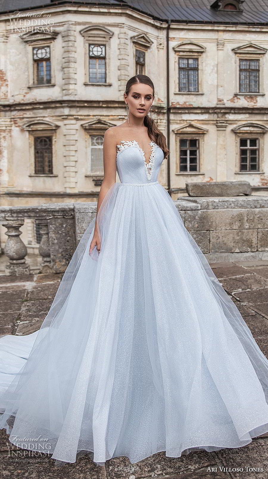 ari villoso tones 2020 bridal sleeveless illusion strapless bateau deep sweetheart neckline light embellishment romantic light blue a lline wedding dress sheer back royal train (9) mv