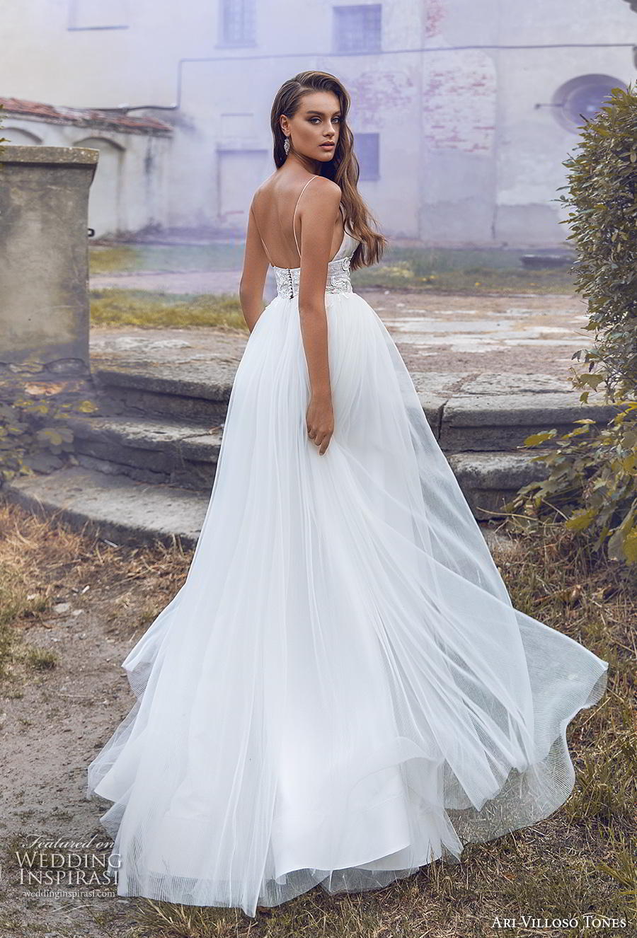 ari villoso tones 2020 bridal sleeveless spaghetti strap deep sweetheart neckline heavily embellished bodice tulle skirt romantic a  line wedding dress backless sweep train (7) bv