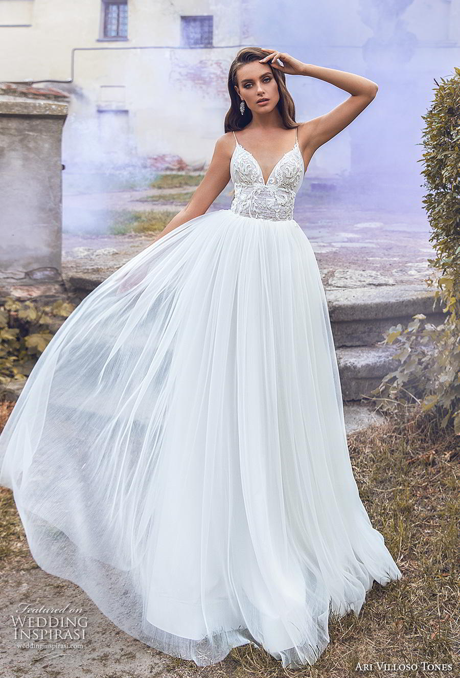 ari villoso tones 2020 bridal sleeveless spaghetti strap deep sweetheart neckline heavily embellished bodice tulle skirt romantic a  line wedding dress backless sweep train (7) mv