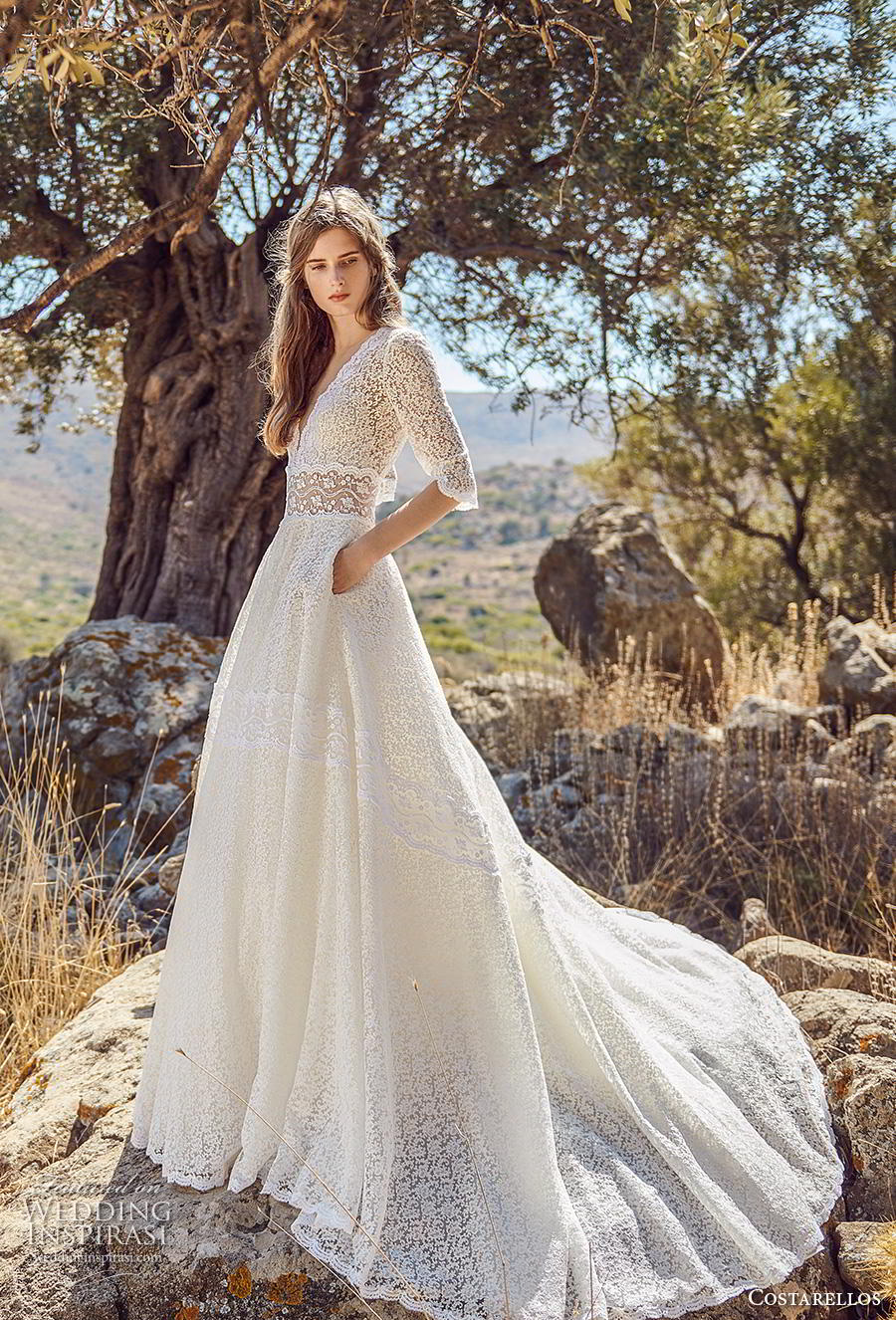 costarellos fall 2020 bridal half sleeves deep v neck full embellishment romantic a  line wedding dress with pockets chapel train (17) mv