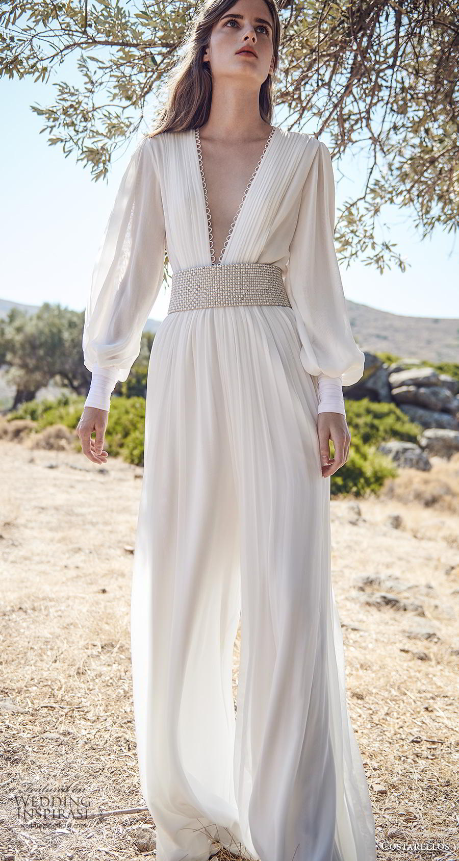 costarellos fall 2020 bridal long bishop sleeves deep v neck pleated bodice pleated skirt simple sexy bohemian jumpsuit wedding dress (9) mv