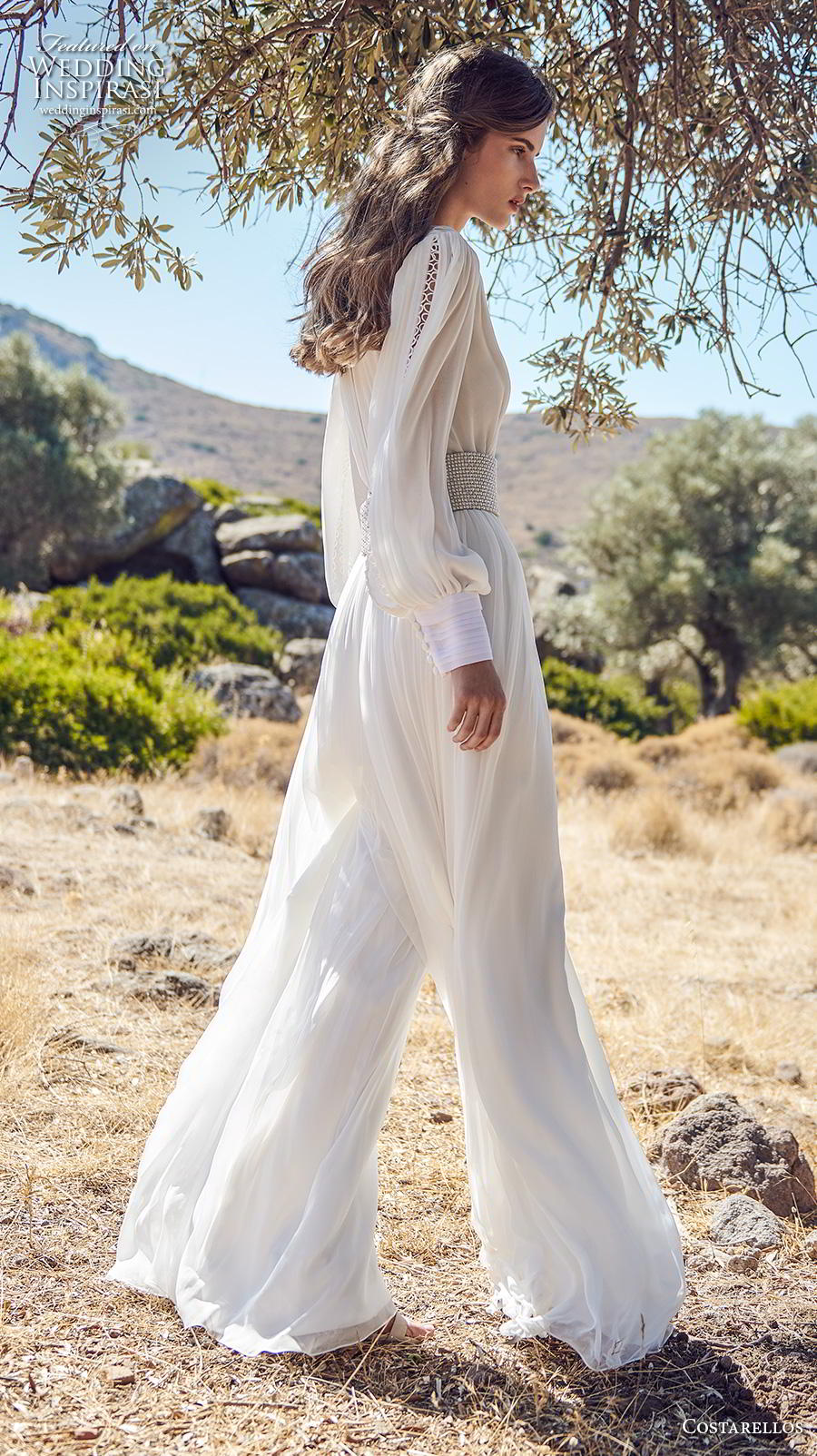 costarellos fall 2020 bridal long bishop sleeves deep v neck pleated bodice pleated skirt simple sexy bohemian jumpsuit wedding dress (9) sdv costarellos fall 2020 bridal long bishop sleeves deep v neck pleated bodice pleated skirt simple sexy bohemian jumpsuit wedding dress (9) sdv