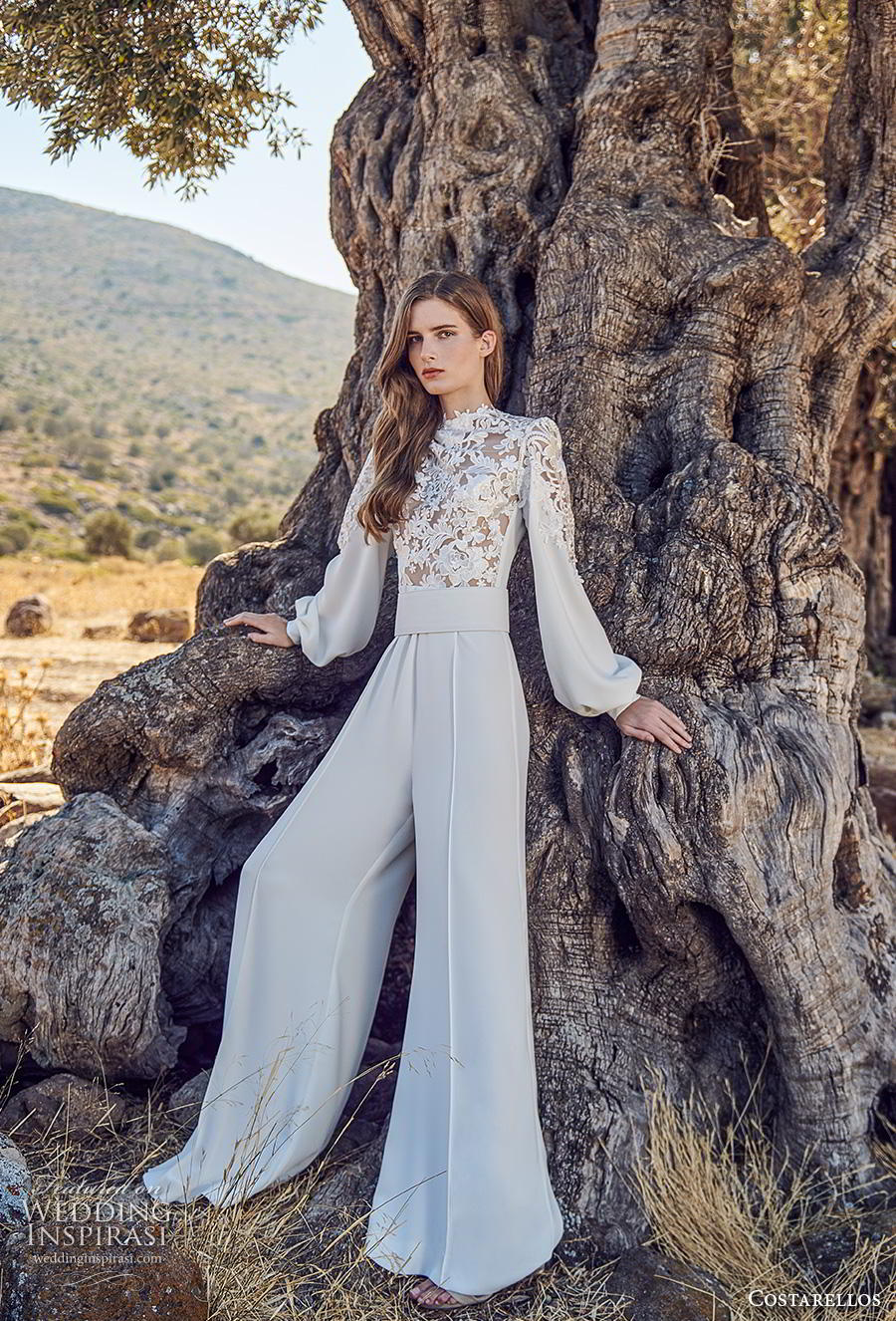 costarellos fall 2020 bridal long bishop sleeves high neck heavily embellished bodice modern jumpsuit wedding dress (12) mv