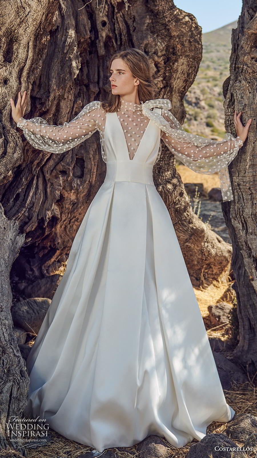 costarellos fall 2020 bridal long bishop sleeves illusion high neck deep v neck pleated bodice pleated skirt simple romantic a  line wedding dress (6) mv