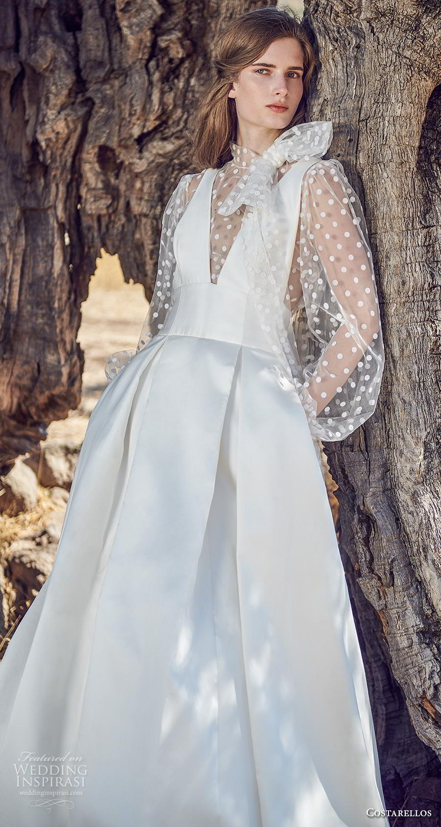 costarellos fall 2020 bridal long bishop sleeves illusion high neck deep v neck pleated bodice pleated skirt simple romantic a line wedding dress (6) zv costarellos fall 2020 bridal long bishop sleeves illusion high neck deep v neck pleated bodice pleated skirt simple romantic a line wedding dress (6) zv