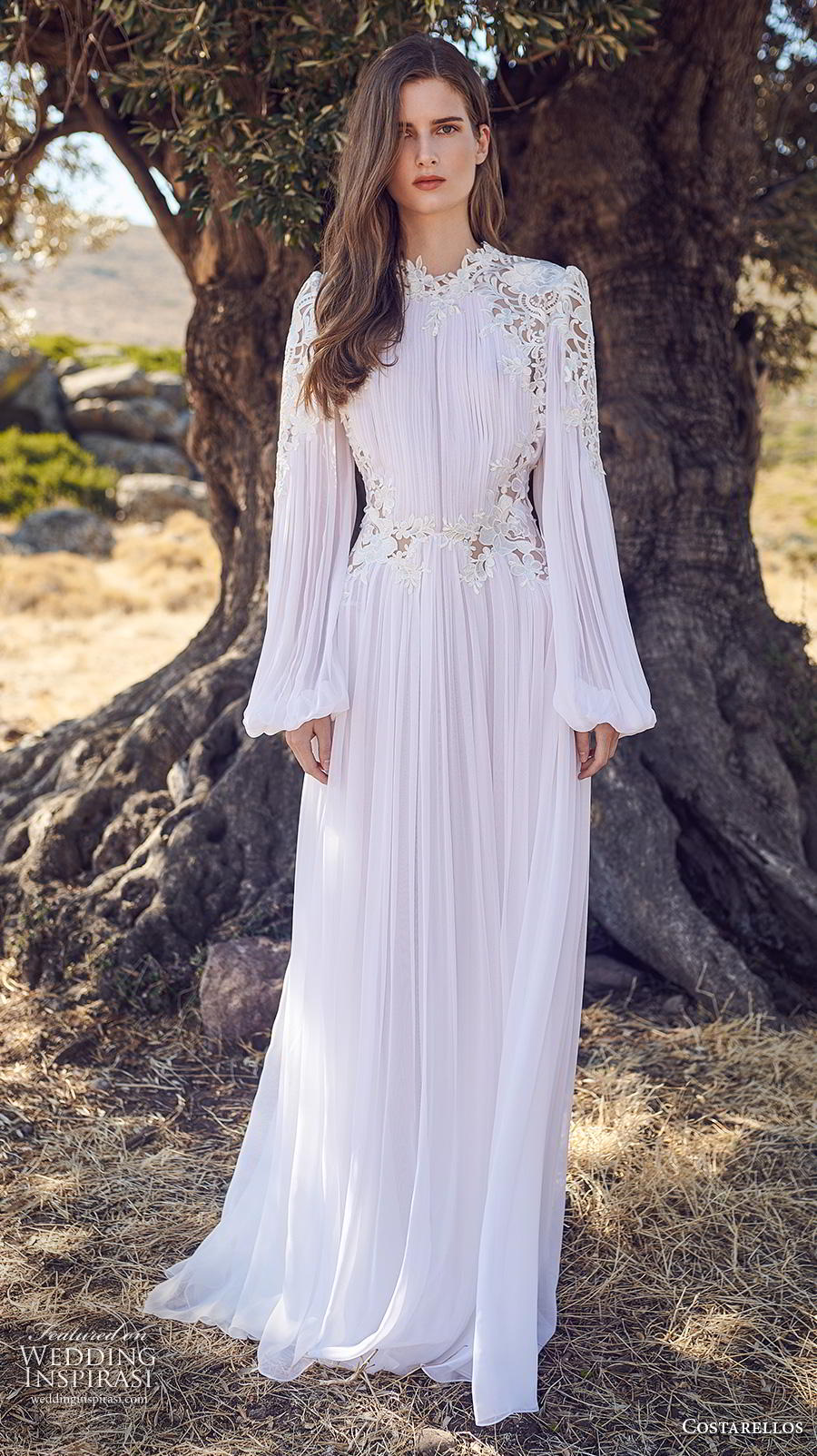 costarellos fall 2020 bridal long bishop sleeves jewel neckline pleated bodice pleated skirt romantic bohemian modified a  line wedding dress sweep train (5) mv