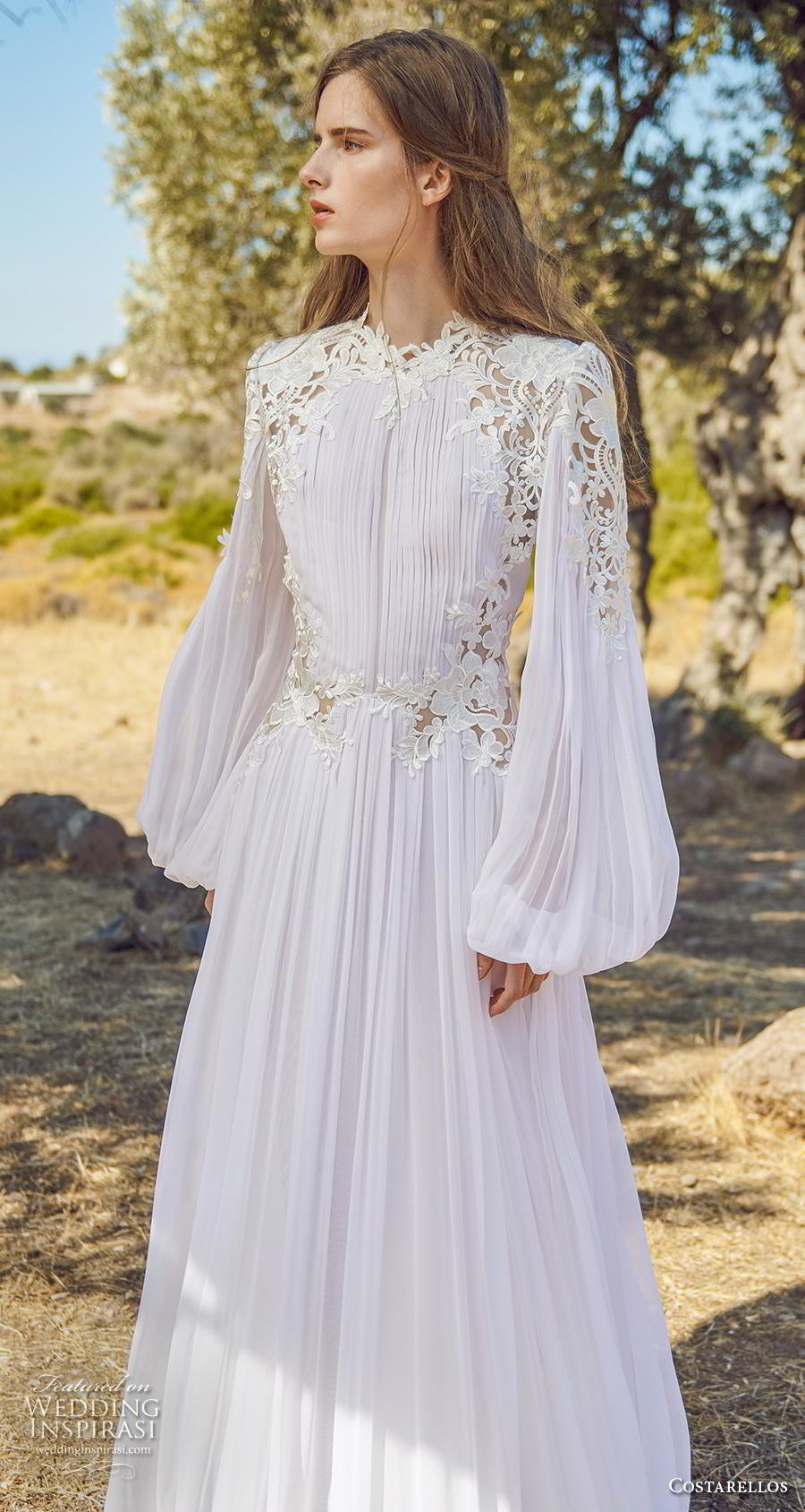 costarellos fall 2020 bridal long bishop sleeves jewel neckline pleated bodice pleated skirt romantic bohemian modified a  line wedding dress sweep train (5) zv