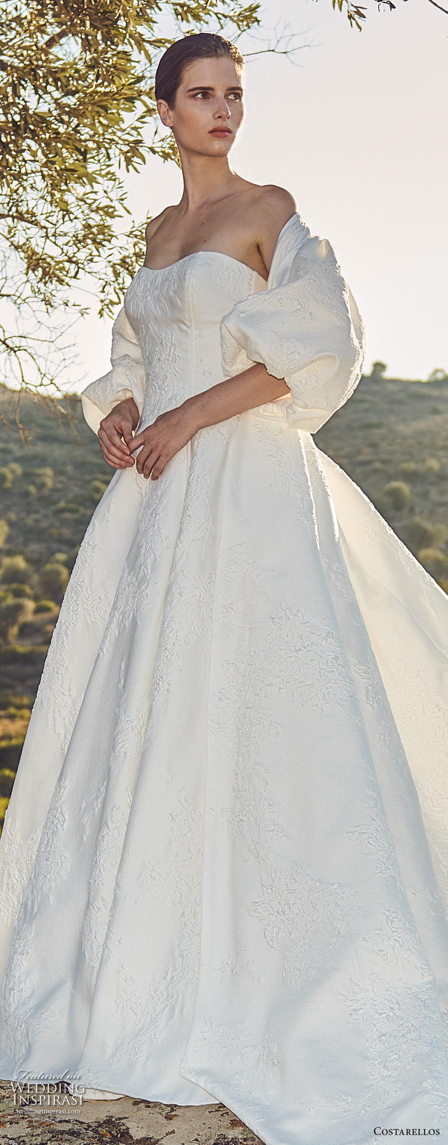 costarellos fall 2020 bridal off the shoulder puff sleeves strapless semi sweetheart neckline light embellishment ball gown a  line wedding dress royal train (2) lv