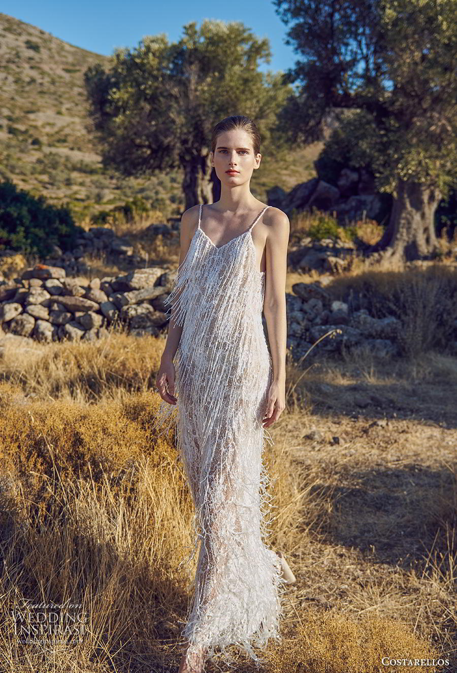 costarellos fall 2020 bridal sleeveless spaghetti strap diamond neck full embellishment fringes frilly glamorous column wedding dress sweep train (10) mv costarellos fall 2020 bridal sleeveless spaghetti strap diamond neck full embellishment fringes frilly glamorous column wedding dress sweep train (10) mv