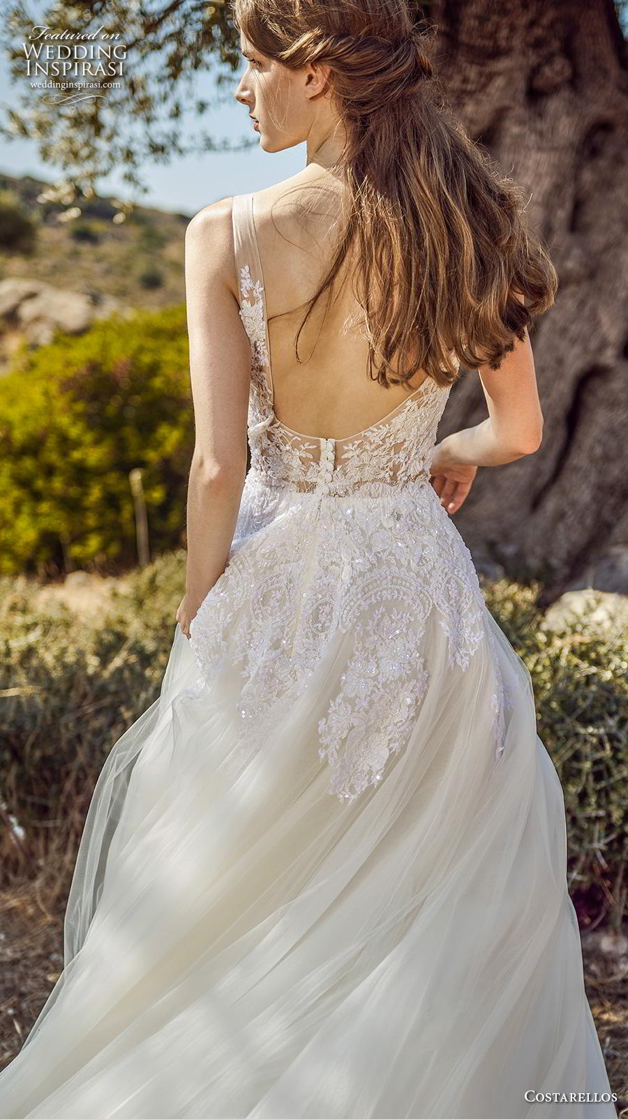 costarellos fall 2020 bridal sleeveless with strap v neck heavily embellished bodice romantic a  line wedding dress backless scoop back chapel train (15) bv