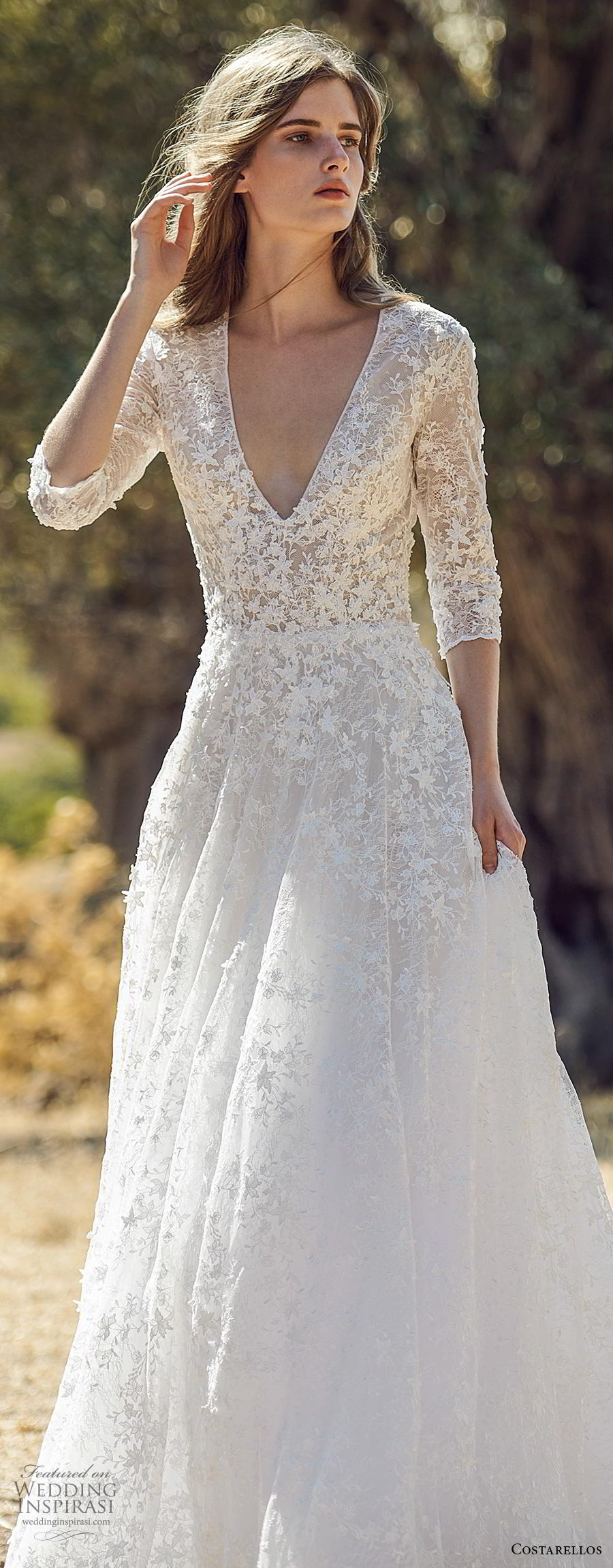 costarellos fall 2020 bridal three quarter sleeves deep v neck heavily embellished bodice romantic a line wedding dress (8) lv costarellos fall 2020 bridal three quarter sleeves deep v neck heavily embellished bodice romantic a line wedding dress (8) lv