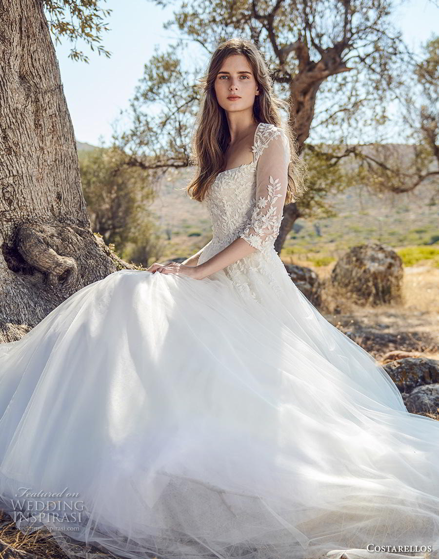 costarellos fall 2020 bridal three quarter sleeves square neckline heavily embellished bodice romantic a  line wedding dress (1) mv