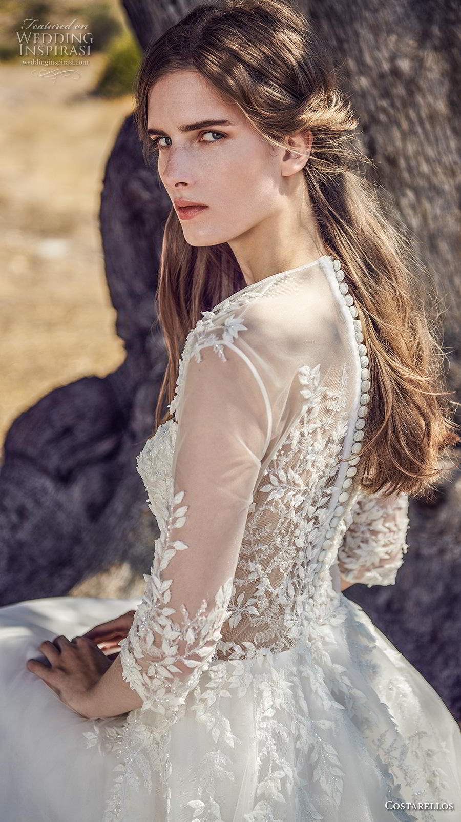 costarellos fall 2020 bridal three quarter sleeves square neckline heavily embellished bodice romantic a  line wedding dress (1) zbv