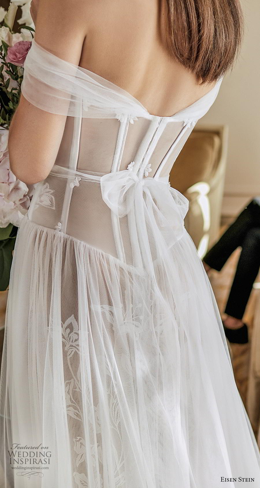 eisen stein fall 2020 bridal off the shoulder sweetheart neckline heavily embellished bodice bustier romantic soft a  line wedding dress mid back medium train (1) bv